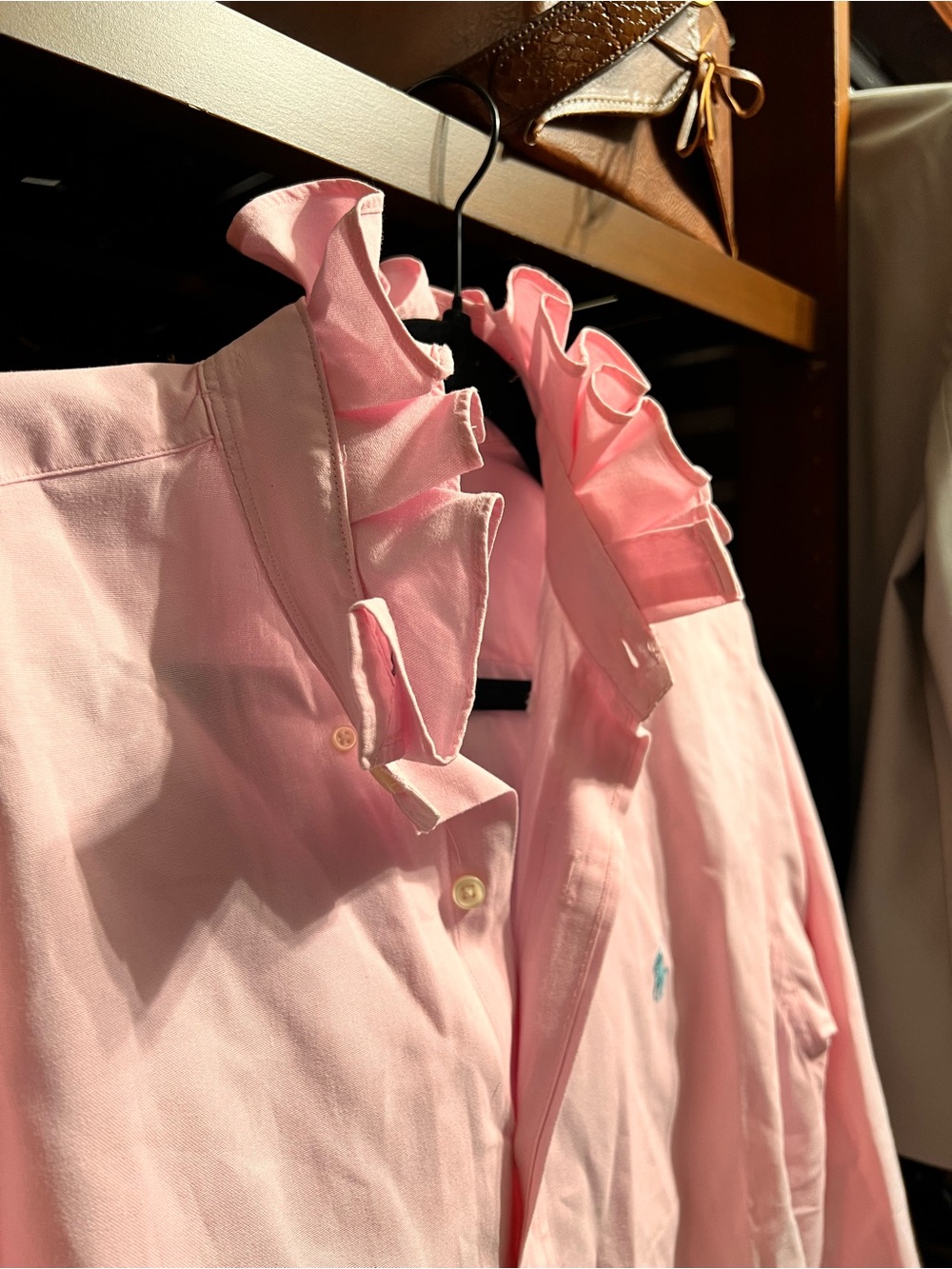 Ralph Lauren Upcycle - Pink Button-Up Ruffle Neck Shirt with Teal Logo - Picture 4 of 4